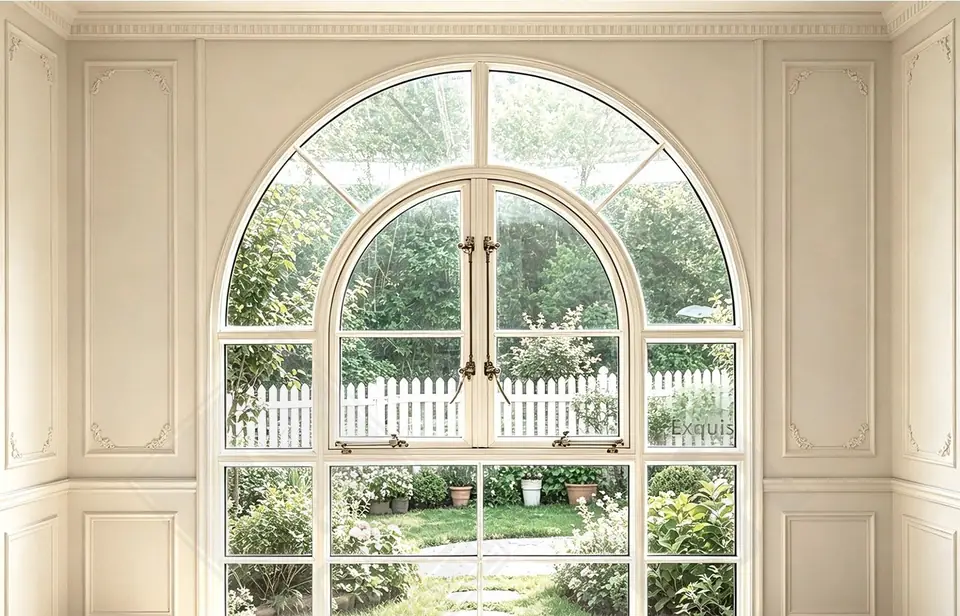 White arched French window with brass hardware
